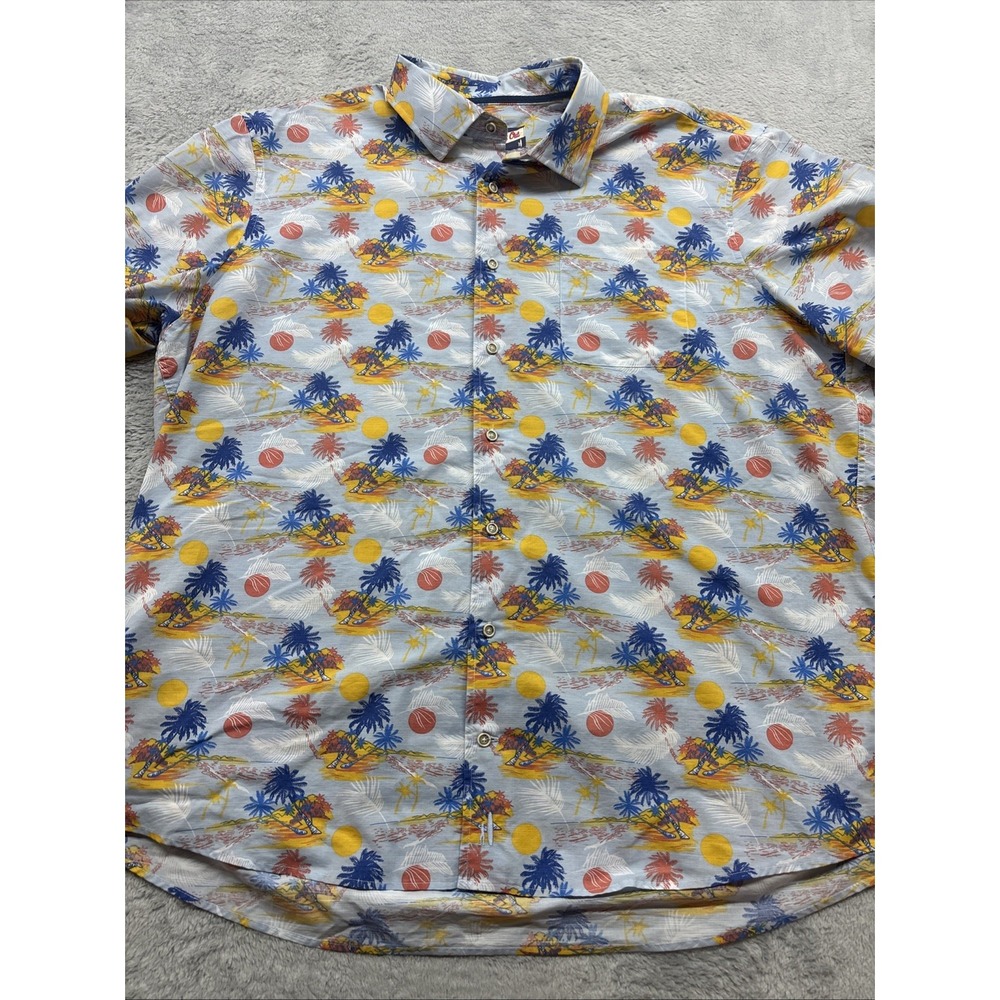 Johnnie O Button Up Short Sleeve Shirt XXL Hawaiian Island Palm Tree Beach Blue